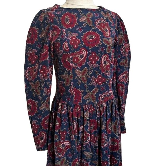 80s Vintage Laura Ashley Dress Corduroy Floral Paisley Puff Long Sleeve Maxi. - Picture 7 of 9